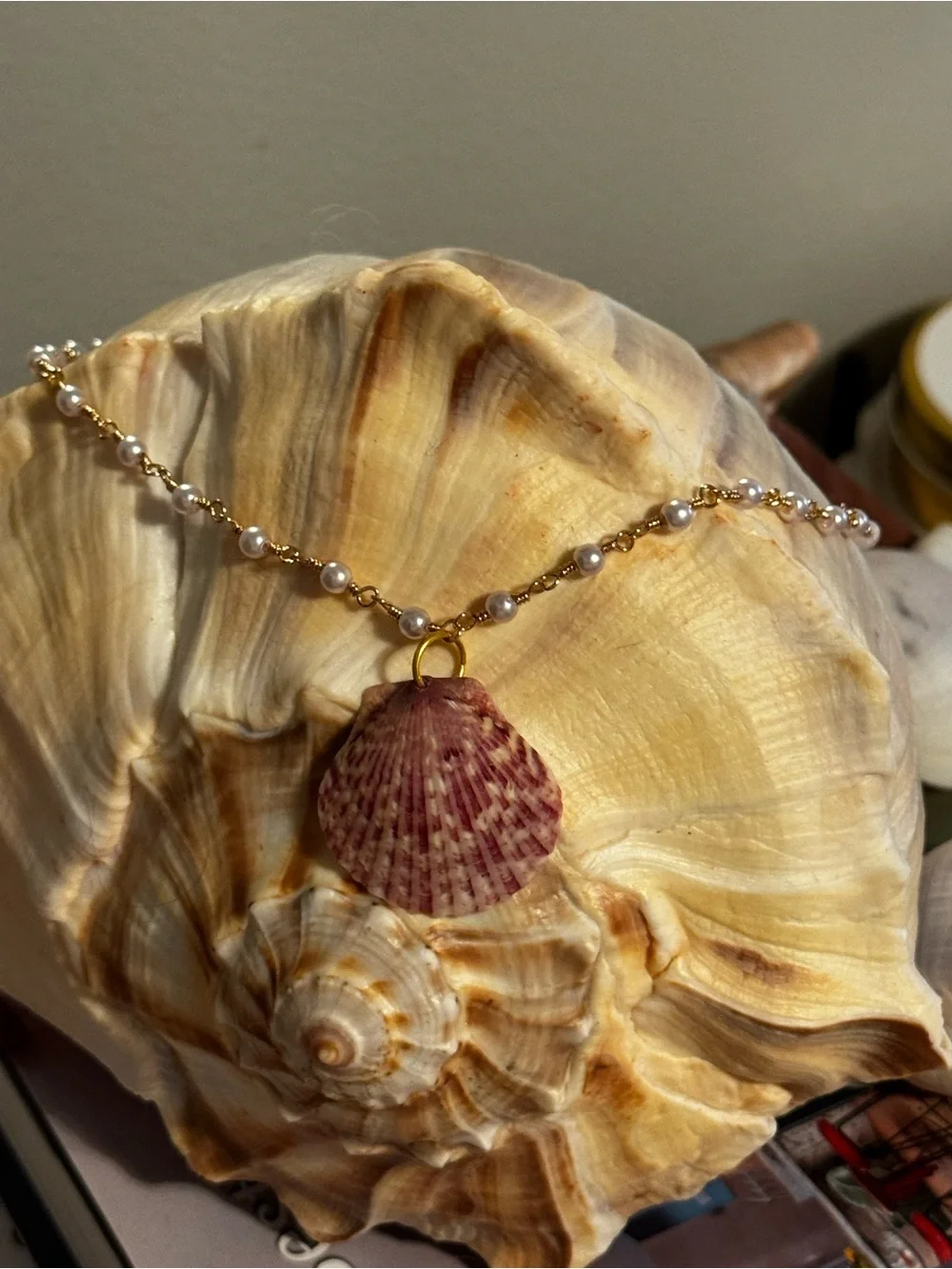 Gold Pearl Chain Necklace with Pink Shell Pendant - Picture 1 of 12